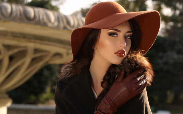 Woman brown hat gloves fur free wallpaper for desktop - medium preview image