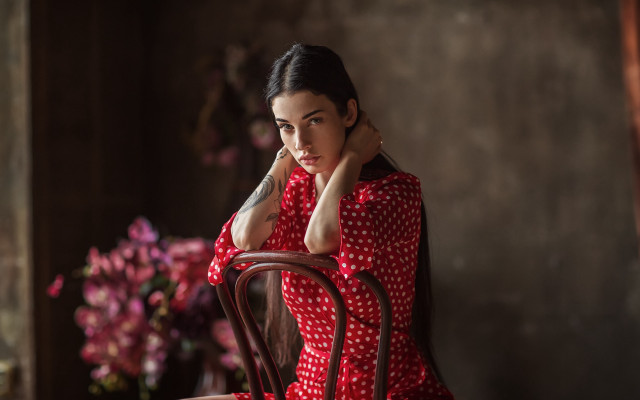 Woman red dress chair flower free wallpaper for desktop - medium preview image