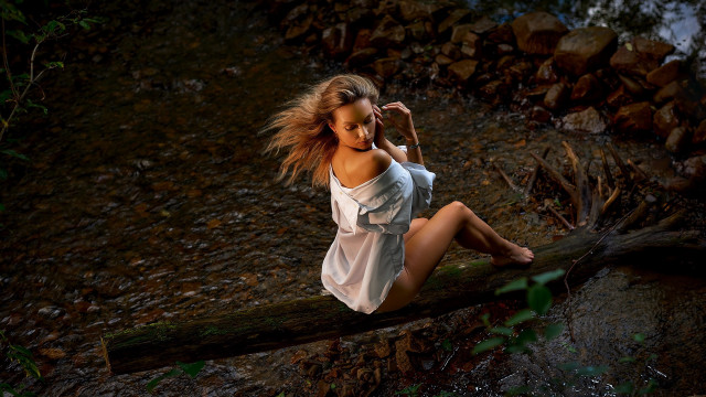 Woman forest flowing hair sitting free wallpaper for desktop - medium preview image