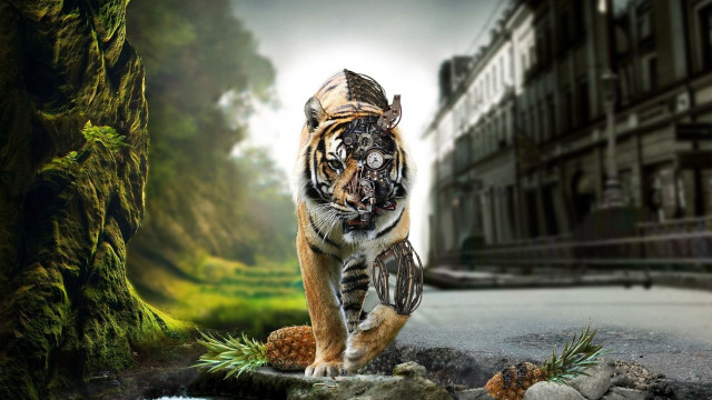 Tiger walking rock street building free wallpaper for desktop - medium preview image