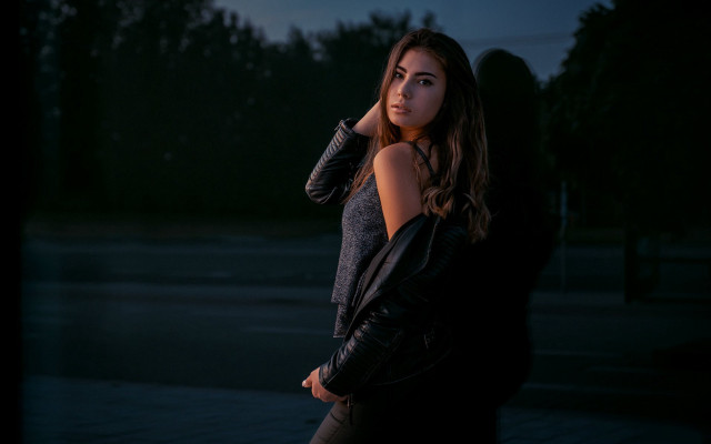 Woman black jacket night portrait free wallpaper for desktop - medium preview image