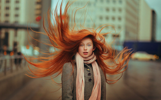 Red haired woman street wind free wallpaper for desktop - medium preview image