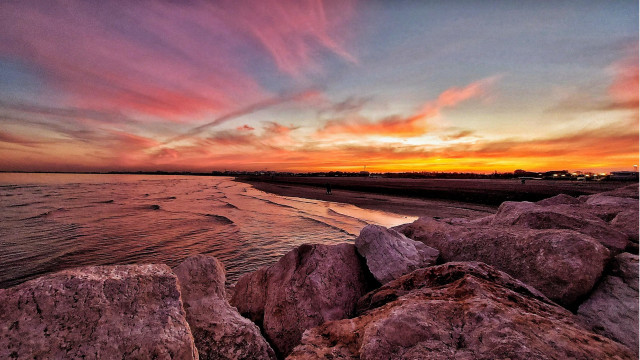 Sunset beach rocks water person #2 free wallpaper for desktop - medium preview image