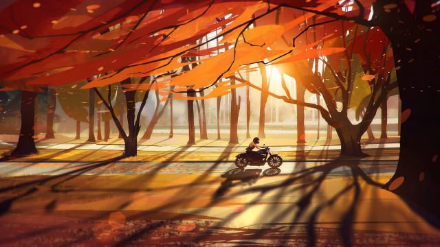 Motorcycle park autumn leaves sunset free wallpaper for desktop - medium preview image