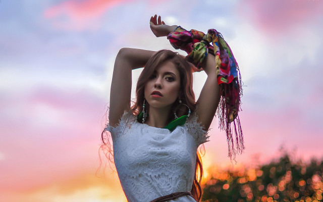 Woman white dress holding hair free wallpaper for desktop - medium preview image