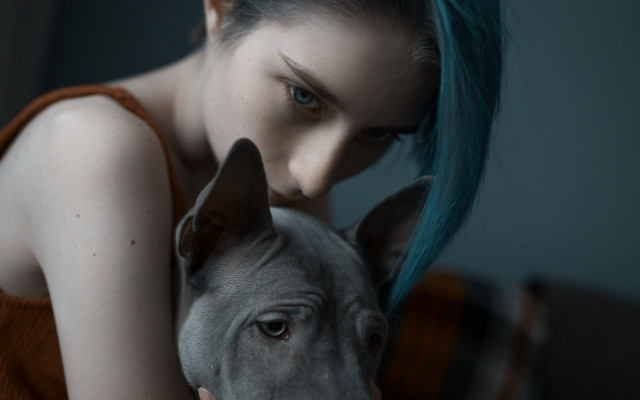 Blue haired woman hugging dog free wallpaper for desktop - medium preview image