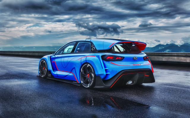 Blue car wet road cloudy free wallpaper for desktop - medium preview image