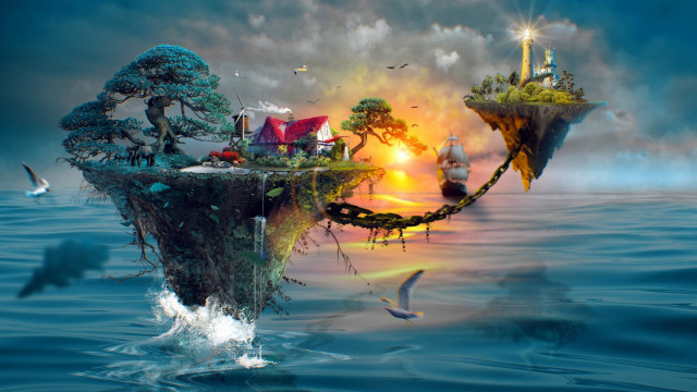 Floating island house birds matte free wallpaper for desktop - medium preview image