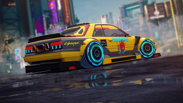 Yellow car blue wheels cyberpunk free wallpaper for desktop - medium preview image