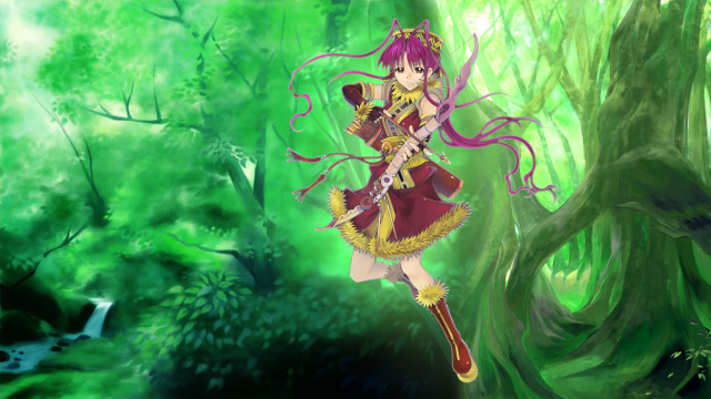 Girl forest sword green background free wallpaper for desktop - medium preview image