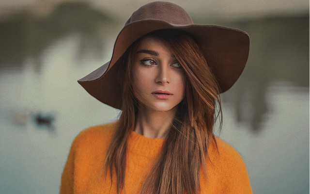 Woman hat yellow sweater portrait free wallpaper for desktop - medium preview image