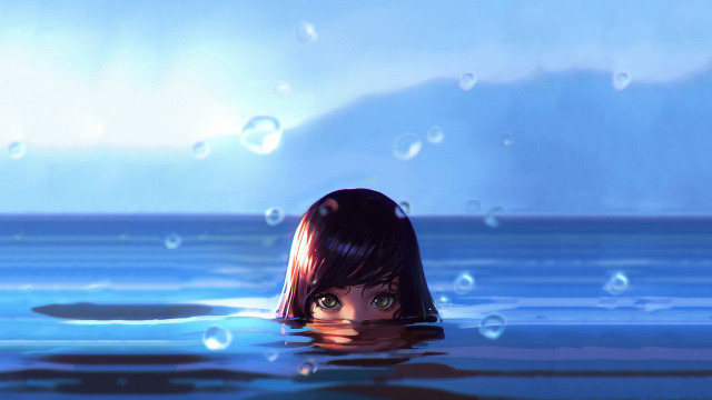 Girl submerged bubbles mountain anime free wallpaper for desktop - medium preview image