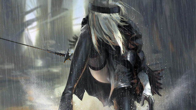 Woman black sword rain boat free wallpaper for desktop - medium preview image