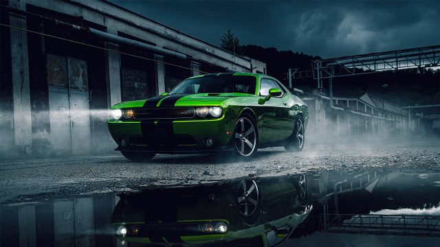 Green car puddle building dark free wallpaper for desktop - medium preview image