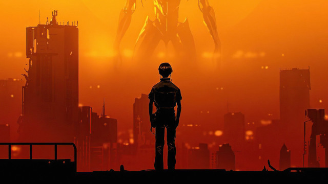 Man robot city sunset cyberpunk free wallpaper for desktop - medium preview image