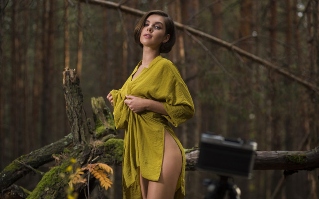 Woman yellow robe forest camera free wallpaper for desktop - medium preview image