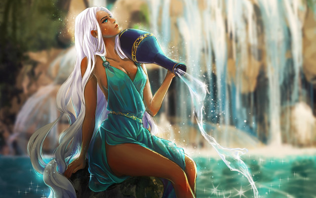 Woman green dress waterfall bokeh free wallpaper for desktop - medium preview image