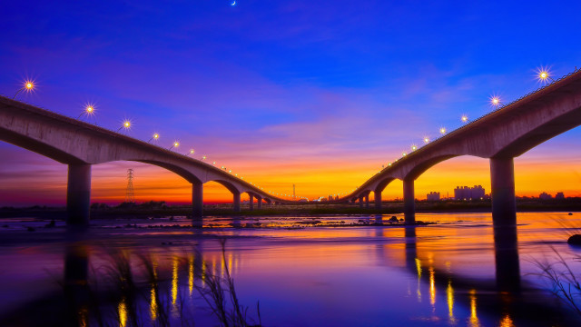 Bridge water sunset lights city free wallpaper for desktop - medium preview image