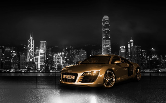 Gold sports car city skyline #3 free wallpaper for desktop - medium preview image