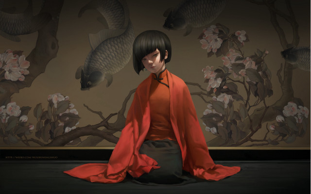 Woman red kimono fish flowers free wallpaper for desktop - medium preview image