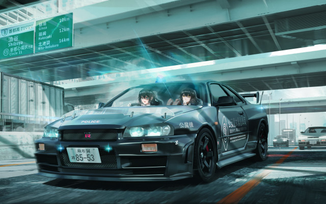 Car bridge street 2girls anime free wallpaper for desktop - medium preview image