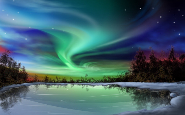 Aurora borealis frozen lake woods #2 free wallpaper for desktop - medium preview image