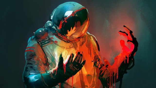 Futuristic man bloodied cyberpunk space free wallpaper for desktop - medium preview image