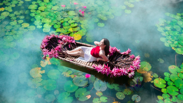 Woman red dress floating pond free wallpaper for desktop - medium preview image