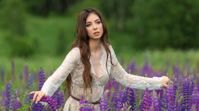 Woman white dress purple flowers free wallpaper for desktop - medium preview image