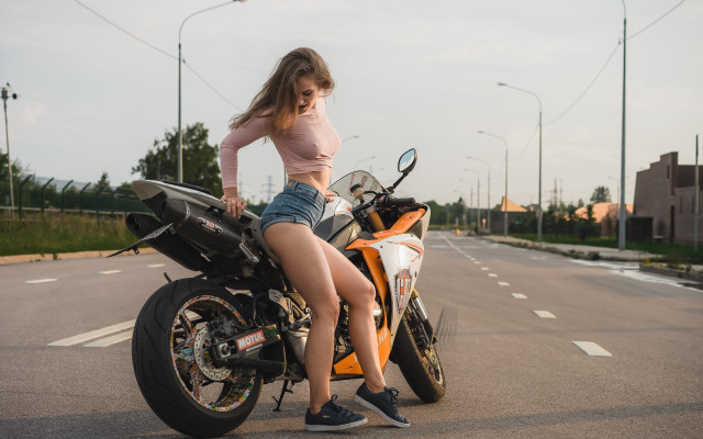 Woman motorcycle outdoors shadows shirt free wallpaper for desktop - medium preview image
