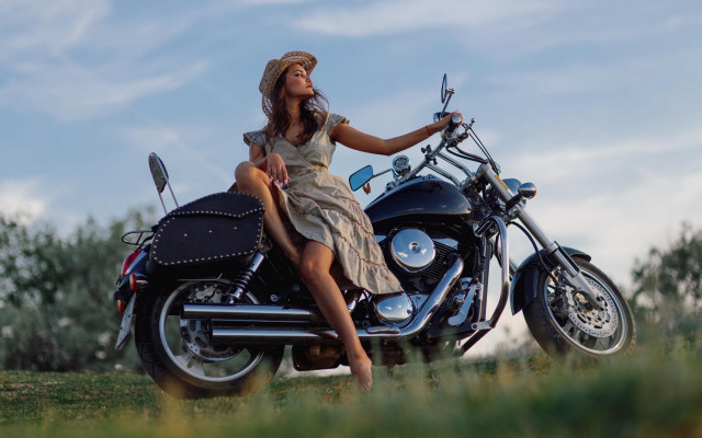 Woman motorcycle field sky photorealistic free wallpaper for desktop - medium preview image