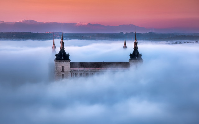 Castle foggy mountains pink sky free wallpaper for desktop - medium preview image