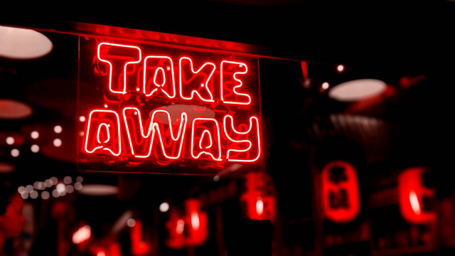 Red neon takeaway 3d render free wallpaper for desktop - medium preview image