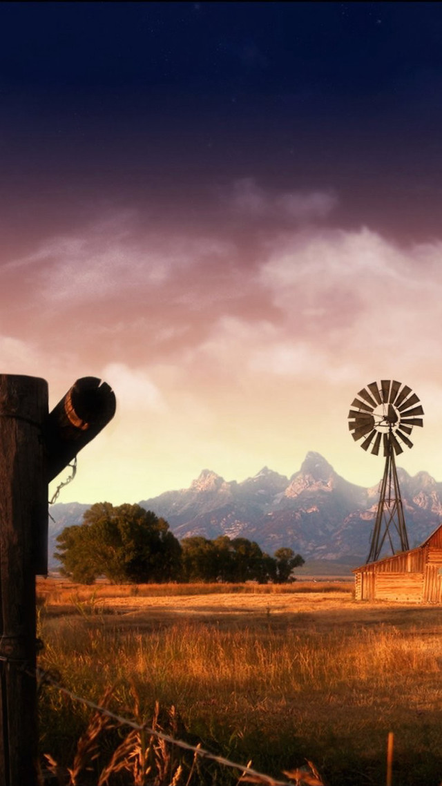 Windmill barn field mountains sunset #2 free wallpaper for mobile - medium preview image
