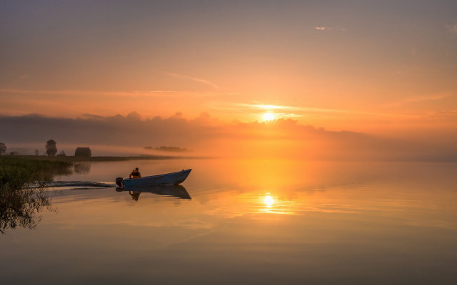 Lake sunset fog boat bernd free wallpaper for desktop - medium preview image
