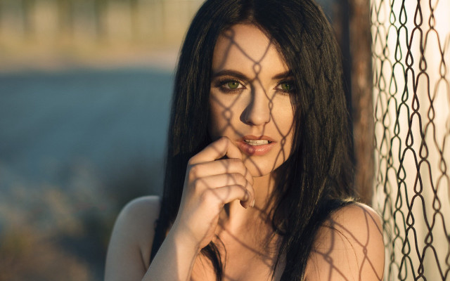 Woman greeneyes fence pose longhair free wallpaper for desktop - medium preview image