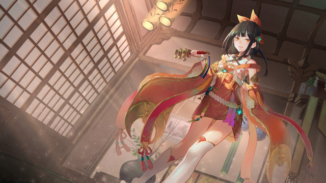 Woman red dress sword indoor free wallpaper for desktop - medium preview image