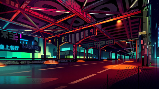 Cyberpunk city night neon bridge free wallpaper for desktop - medium preview image