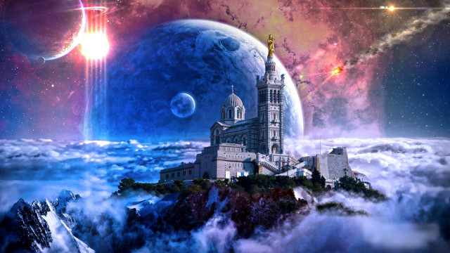 Fantasy castle sky clouds planets free wallpaper for desktop - medium preview image