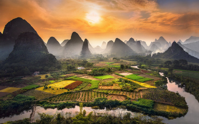 Mountain fields river sunset sky free wallpaper for desktop - medium preview image