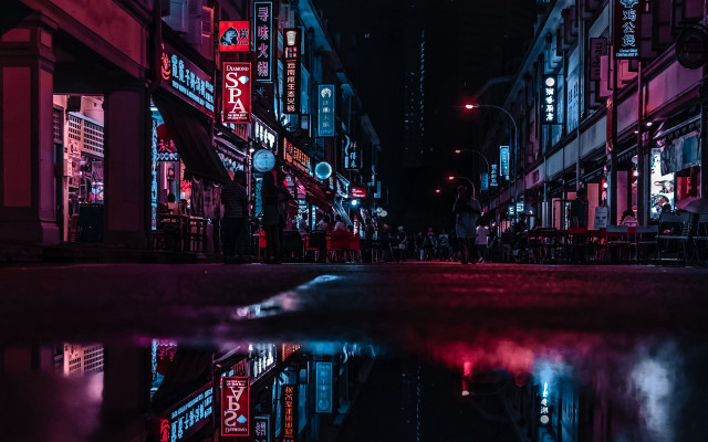 City street puddle night neon free wallpaper for desktop - medium preview image