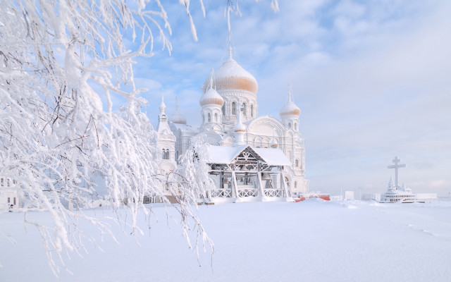Church snow covered roof trees free wallpaper for desktop - medium preview image