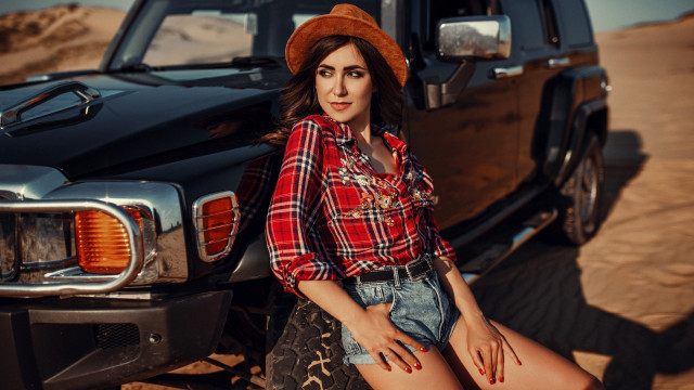 Desert cowgirl truck denim plaid free wallpaper for desktop - medium preview image