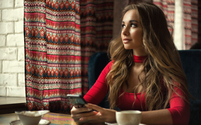 Woman coffee phone brick library free wallpaper for desktop - medium preview image