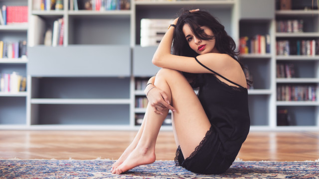 Woman book shelf rug blackdress free wallpaper for desktop - medium preview image