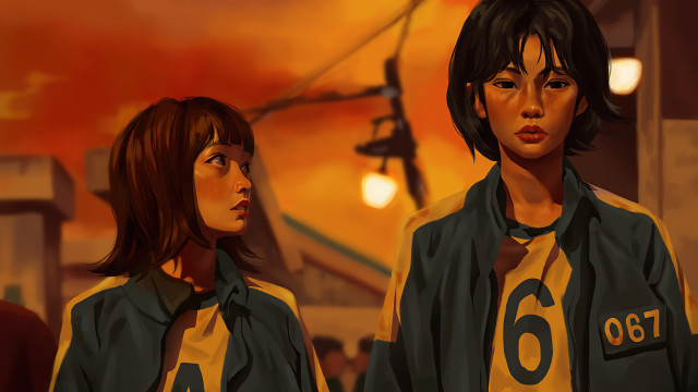 Two women green jackets sunset free wallpaper for desktop - medium preview image