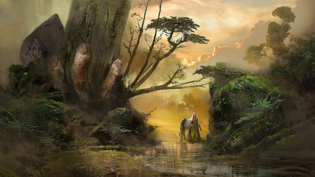Horse man forest river sunset free wallpaper for desktop - medium preview image