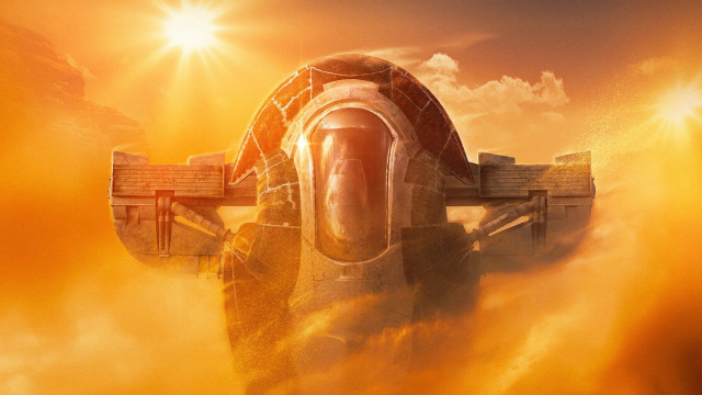 Afrofuturism spaceship sunset cityscape mountain free wallpaper for desktop - medium preview image