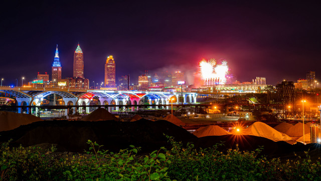 City skyline bridge fireworks night free wallpaper for desktop - medium preview image
