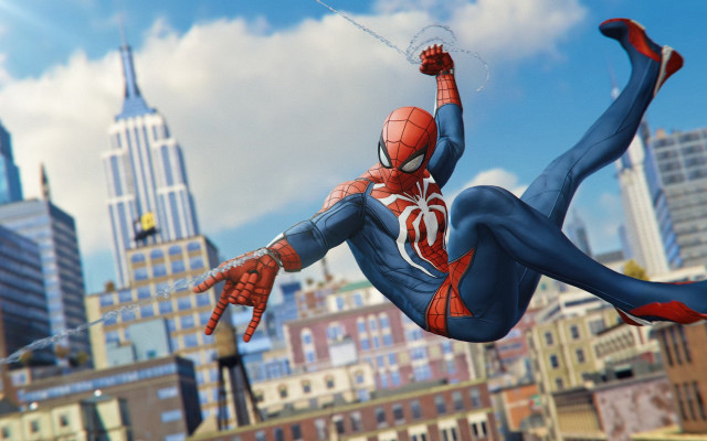 Spiderman flying cityscape skyscrapers urban free wallpaper for desktop - medium preview image